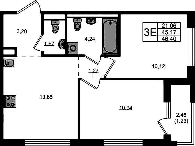 2-комнатная квартира 46.4 м², 7/12 эт., ЖК «GloraX Новоселье»